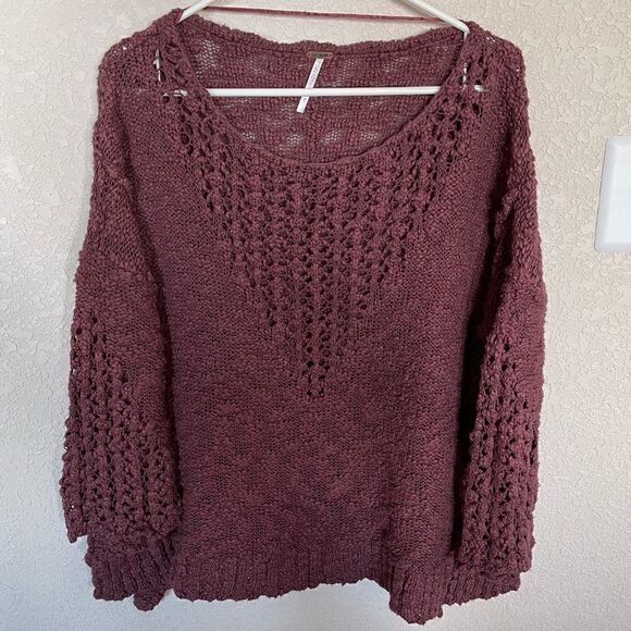 Free People- Pretty Pointelle Chunky Knit Sweater in Dusty Purple, Size XS - Picture 2 of 14